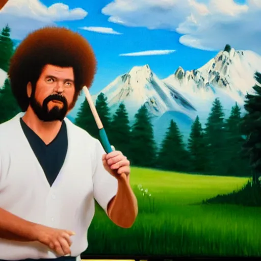 Image similar to a closeup photorealistic photograph of bob ross painting an image of kenny powers pitching a baseball on a canvas. mountains and trees. film still. brightly lit scene. this 4 k hd image is trending on artstation, featured on behance, well - rendered, extra crisp, features intricate detail, epic composition and the style of unreal engine.