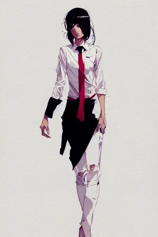 Image similar to a ultradetailed full body portrait of a woman dressed in a white shirt with a tie, by conrad roset, greg rutkowski and makoto shinkai trending on artstation