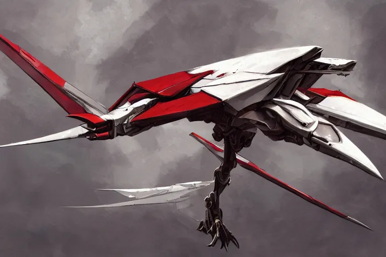 Image similar to a pteranodon mecha interceptor, white john berkey armor panels, wine-red and grey trim, robotech styling, with white Kanji markings outlined in black, boeing concept art painting, cinematic lighting, amazing lifelike cinematic photo render