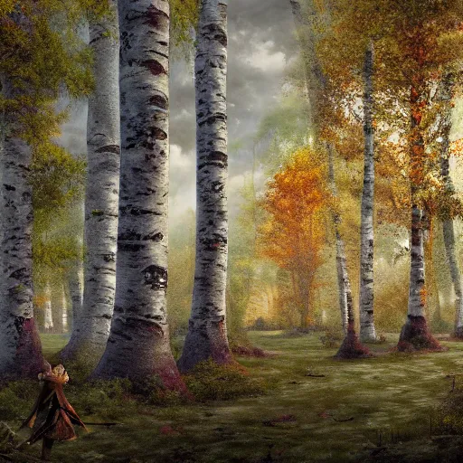 Prompt: a big brick castle in a birch tree forest, matte oil painting, barrows, fantasy, concept art, clear, crisp, sharp, extremely detailed, wallpaper