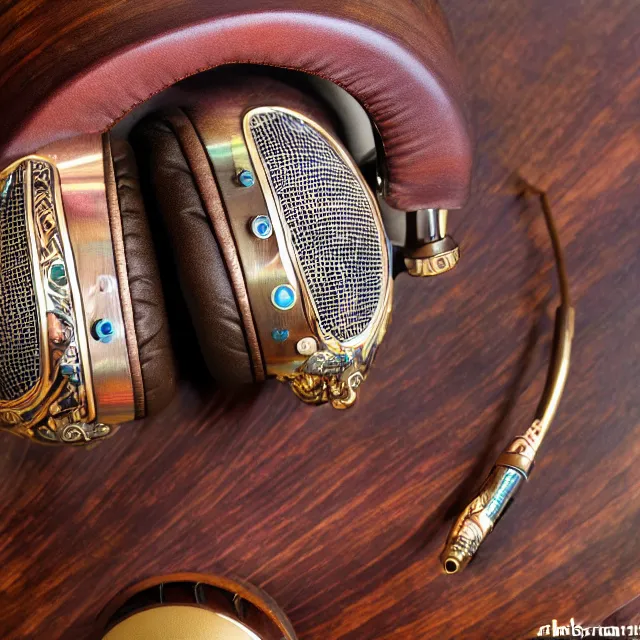 Prompt: masterpiece photo of beautiful hand crafted artistic detailed metal headphones, bismuth rainbow metal, bismuth cups, plush leather pads, displayed on mahogany desk, modernist headphones, bismuth beautiful well designed, hyperrealistic, audiophile, intricate hyper detail, extreme high quality, photographic, audeze, sennheiser, raal, bang olufsen, abyssal