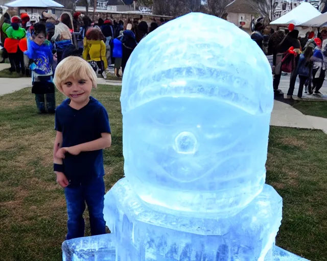 Image similar to ice sculpture. there is a little blonde boy inside a robot made of ice. the ice sculpture is a mecha inspired igloo.