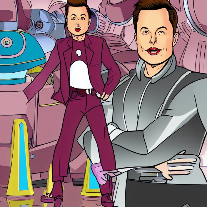 Prompt: elon musk as an evil character in totally spies, in front of a complex machine, scheming and plotting his revenge. full body shot. cartoon. in the style of totally spies.