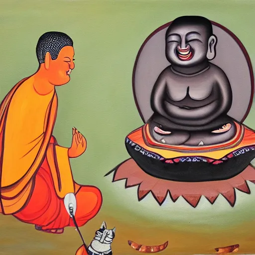 Image similar to painting of the - laughing - buddha with cat