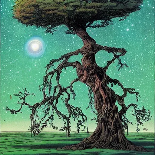 Image similar to a large tree rooted in a galactic crystal floating in space, by moebius