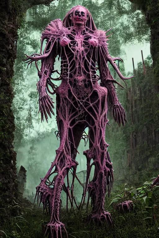 Prompt: post - gothic giant banshee, exoskeleton armor screaming, dystopian ruins covered in vegetation, highly detailed smooth digital art masterpiece, vitaly bulgarov giger dramatic pink light, ground angle hd 8 k, sharp focus