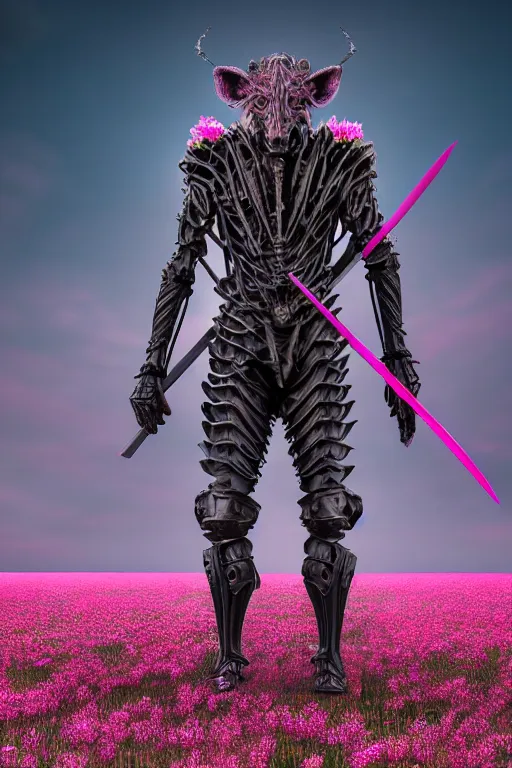 Image similar to hyperrealistic neo - gothic muscular human chimera hybrid, exoskeleton armor, holding katana, standing in a field of pink flowers, highly detailed smooth concept art masterpiece, vitaly bulgarov giger dramatic dark teal light, ground angle hd 8 k, sharp focus