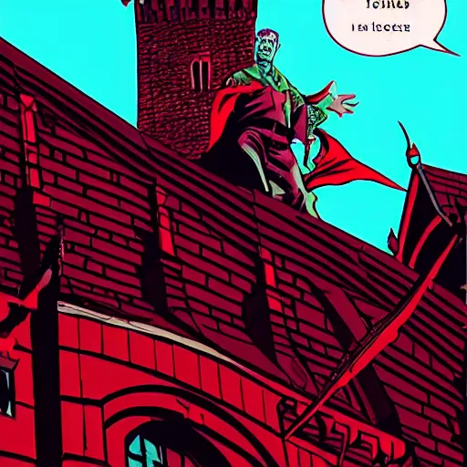 Prompt: dracula on the highest spire of his castle, comic book style, half - tone