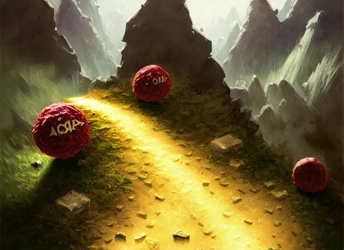 Image similar to magic : the gathering fantasy concept art of cute riceballs bouncing down a mountain path, by franz frazetta, high resolution, rice granules scattered all around, balls of rice, bouncing, fantasy coloring, intricate, digital painting, artstation, smooth, sharp focus