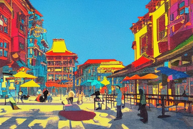 Image similar to townsquare in a sunny day, artwork by tooth wu, colorful high contrast, very coherent, dark shadow