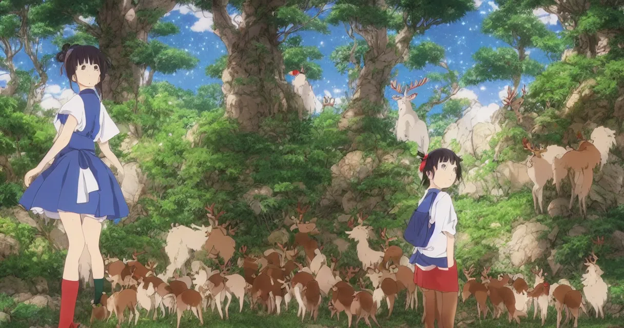 Image similar to anime girl peeking behind a bush while looking at a pack of reindeers, beautiful ambiance, studio ghibli style, by hayao miyazaki, sharp focus, very detailed, 4k