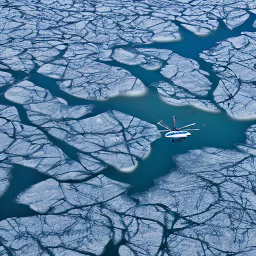 Prompt: a blue helicopter flying over ice floes