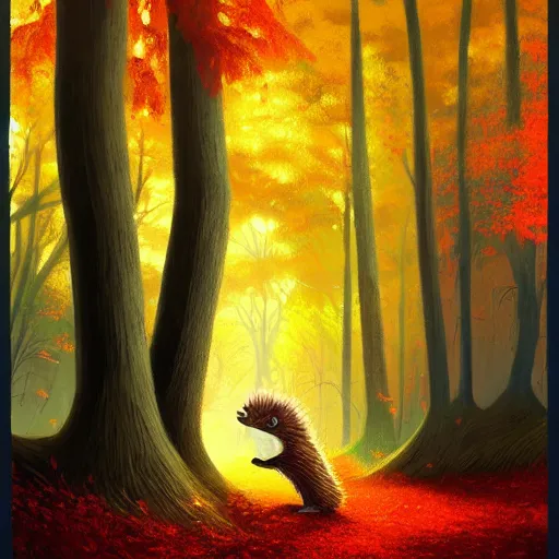 Prompt: hedgehog int he style of christopher balaskas, warm colours, autumn colours, cinematic lighting, front profile