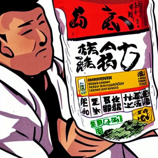 Prompt: the worlds strongest man lifting a bar bell made of soy sauce packets. japanese anime