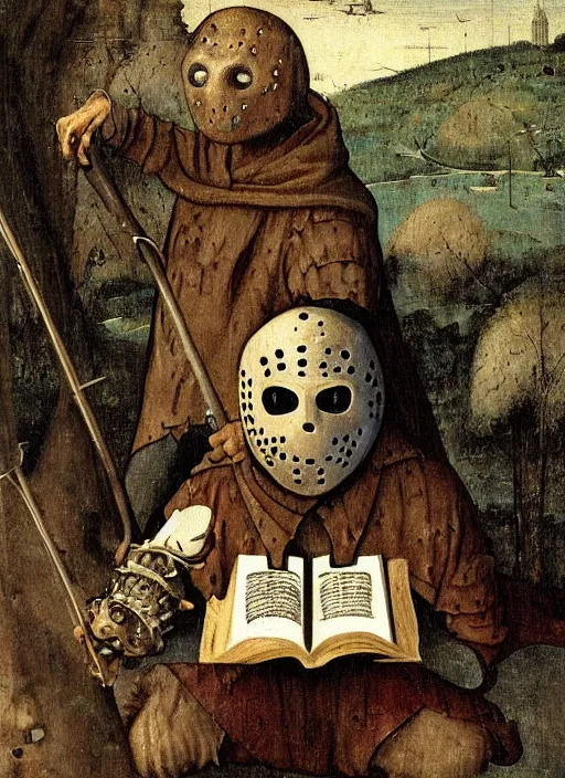 Image similar to medieval Jason Voorhees reading a book painted by hieronymus bosch, detailed digital art, trending on Artstation