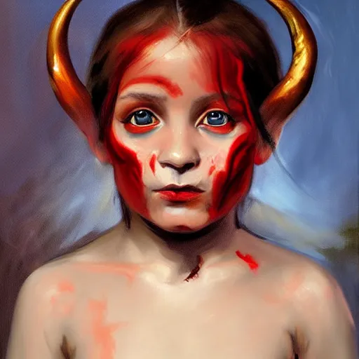 Prompt: painted portrait of a young demon girl with goat horns and red skin. oil painting, fantasy art by greg retkowski and john singer sargent, character design
