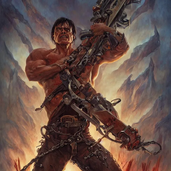 Prompt: The evil dead, manowar album cover, Muscular man, chainsaw attached to hand, ripping demons to shreds, blood, artstation, concept art, smooth, sharp focus, highly detailed, illustration, art by artgerm and greg rutkowski and alphonse mucha