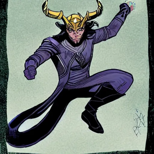 Image similar to this illustration is concept art for the comic book character of loki, the norse god of mischief with an amused expression. drawn by lee garbett, color artist by nolan woodard, and written by al ewing.