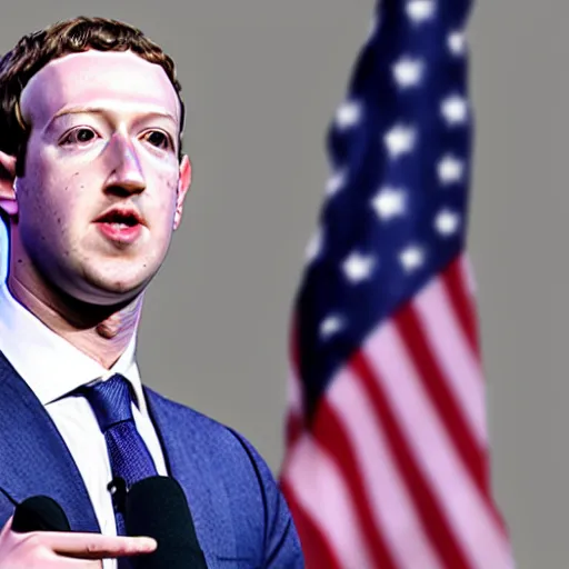 Image similar to mark zuckerberg as the president of the united states wearing a suit standing at the presidential podium