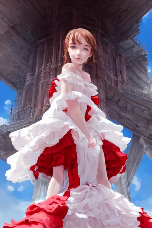 Prompt: a beautiful white frilled red dress girl is staring down from the top of a tall tower, extremely detailed and beautiful aesthetic face, seductive pose, super detailed eyes, low angle, highly detailed, digital painting, artstation, concept art, smooth, sharp focus, illustration, unreal engine 5, 8 k, art by hiroaki samura and jiro matsumoto