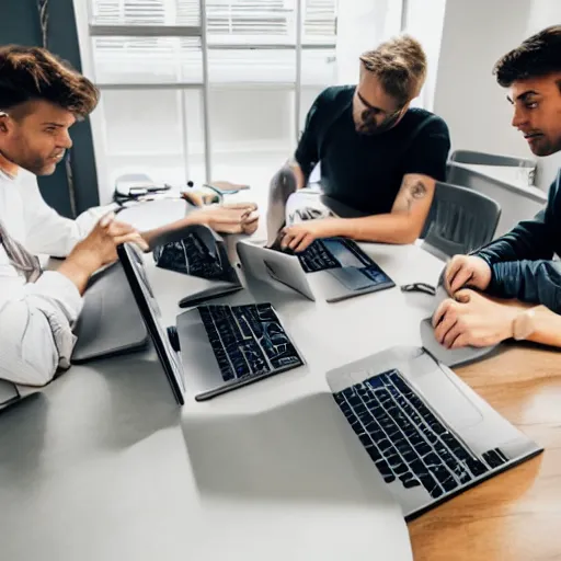 Image similar to 5 men coding on laptops around a table