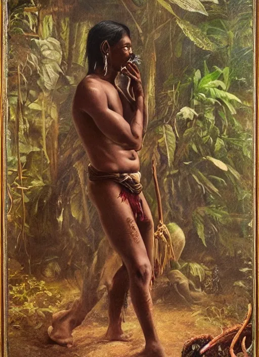 Prompt: a beautiful portrait of an indigenous man taking rapé in the jungle, taking tobacco snuff, praying with tobacco, mysterious atmosphere, fantasy art, matte painting, highly detailed