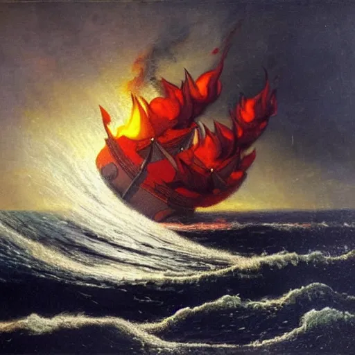 Image similar to large ship being tossed about in a fiery storm in the sea, dark, low light, terrifying, beautiful, raja ravi varma painting