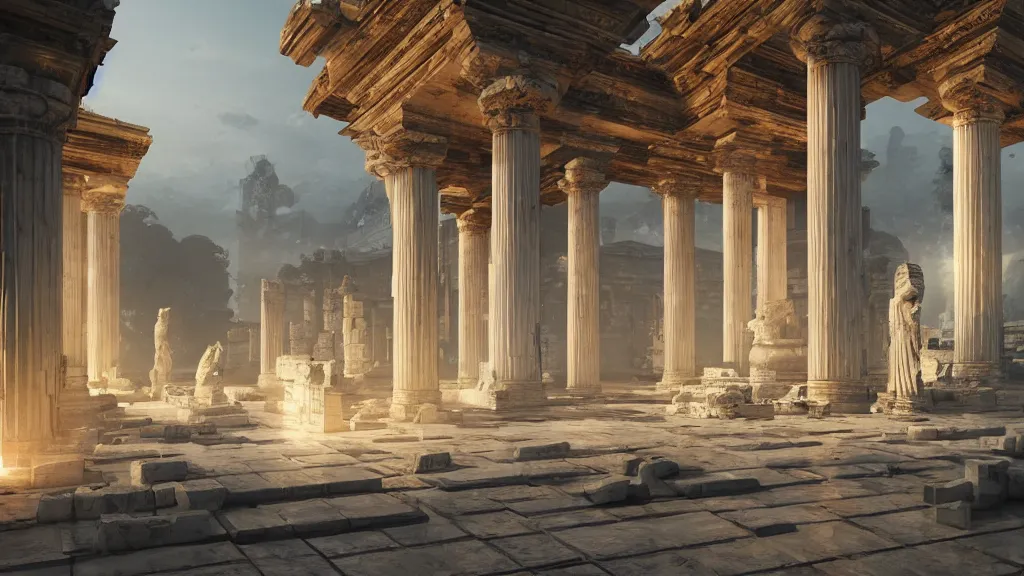 Image similar to ancient temple in ruins with impeccably clean white marble columns, glowing golden statues, by sylvain sarrailh, rossdraws, ambient light, ultra detailed, fantasy artwork, 8 k, volumetric lighting, trending on artstation, award winning, very beautiful.