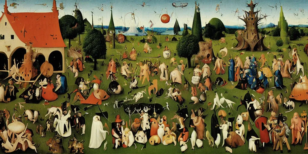 Image similar to Tintin and Snowy in the Garden of Earthly Delights. Oil painting the style of Hieronymus Bosch, highly detailed, Professor Calculus