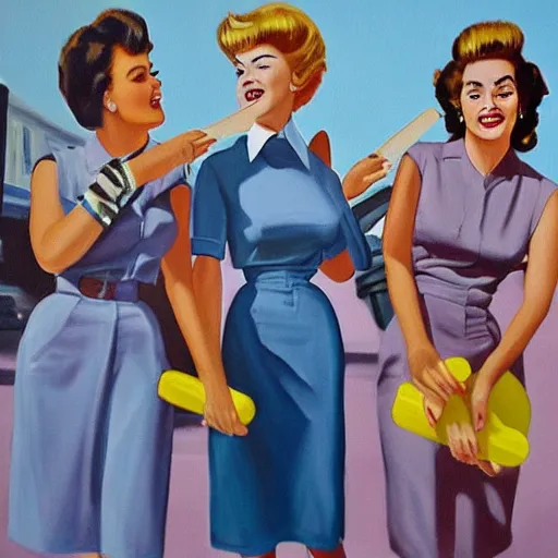 Image similar to a painting of three teenagers with rockabilly haircuts holding yellow popsicles and looking at women in the streets in the 1 9 5 0 s high details