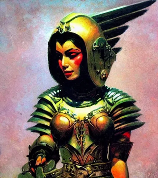 Image similar to portrait of strong iranian female chaos angel, beautiful! coherent! by frank frazetta, by brom, strong line, vivid neon color, spiked scrap metal armor, iron helm maximalist