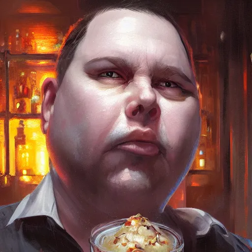 Image similar to closeup portrait of an overweight barkeeper with an artificial arm, ratz, neuromancer, bar background, painted by greg rutkowski, painted by igor kieryluk, high detail, dramatic light, digital art, trending on artstation