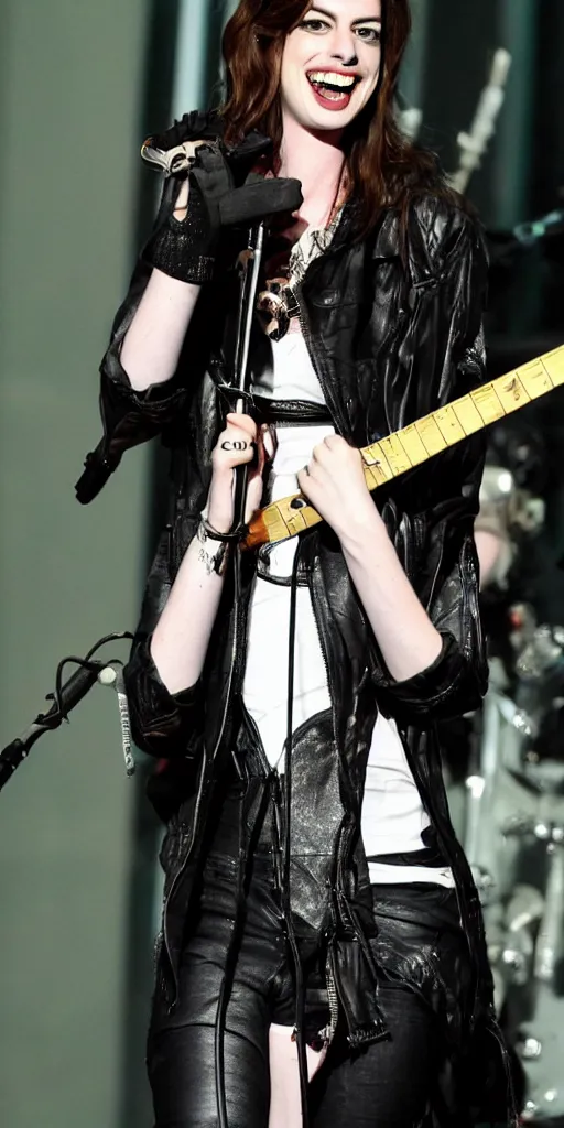 Image similar to Anne Hathaway as a rock singer on the stage
