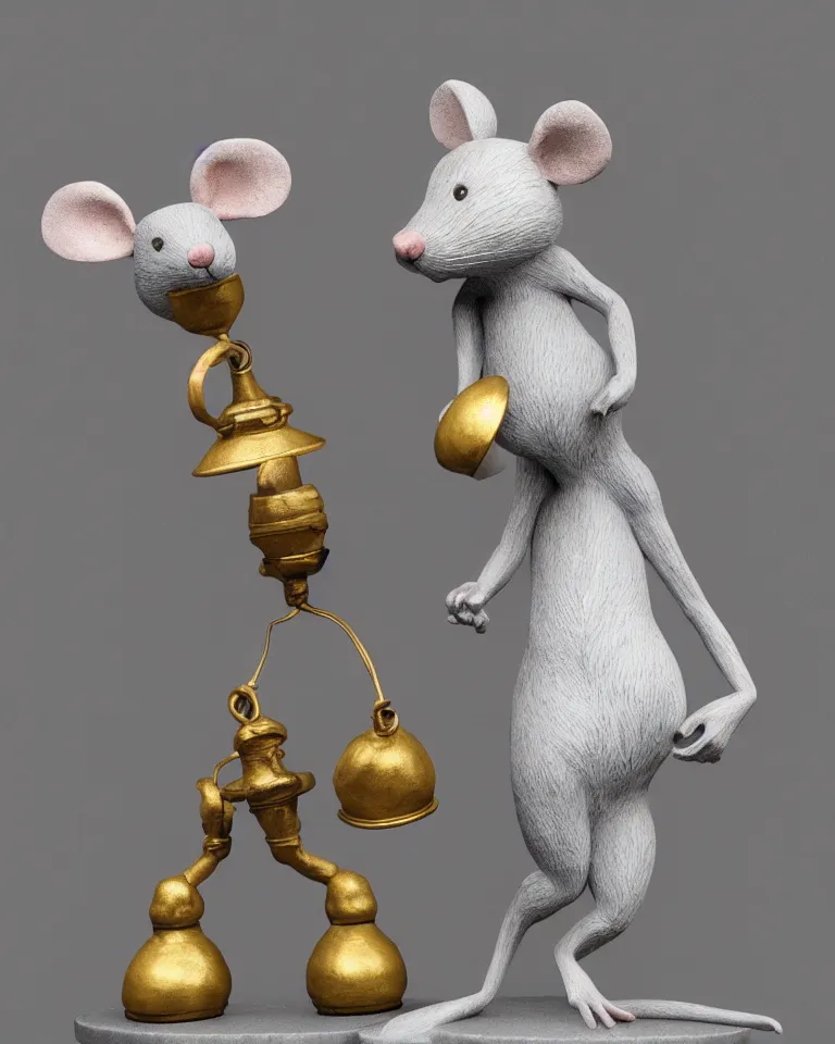 Image similar to a statue of a proud mouse standing on two legs and holding a round bell made with white and gold wire, trending on artstation