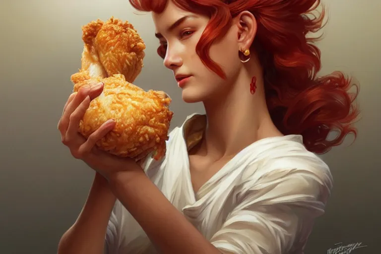 Image similar to kfc chicken, portrait, elegant, intricate, digital painting, artstation, concept art, smooth, sharp focus, illustration, art by artgerm and greg rutkowski and alphonse mucha