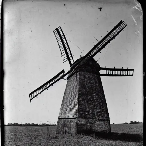 Prompt: 1800s photo of a dilapidated windmill