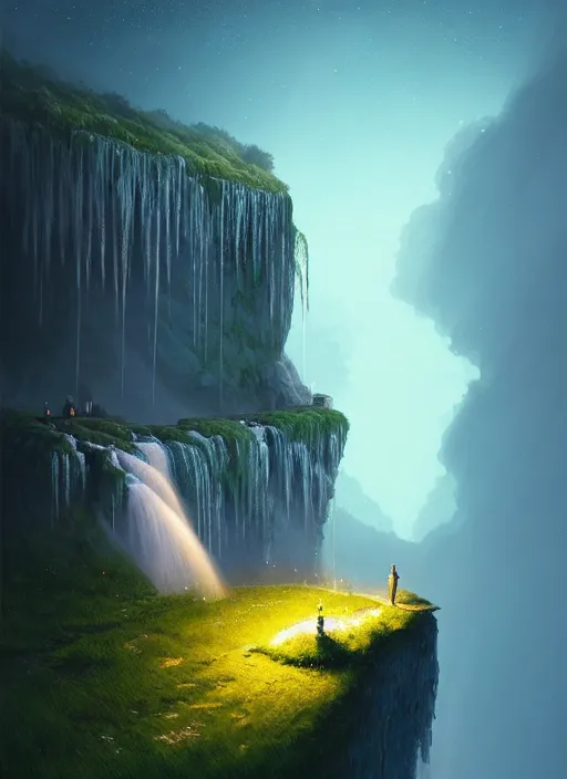 Image similar to Gediminas Pranckevicius a long capture photo of a magical waterfall, high cliff, night, stars in the sky cinematic lighting, insanely detailed, intricate, artstation, cgsociety, painted by Simon Stalenhag, concept art, illustration, sharp focus,