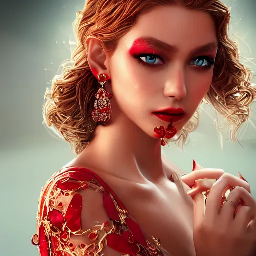 Prompt: wonderful princess with smooth fair skin, alluring eyes, red jewelry, breathtaking, elegant, intricate, hyper detailed, accent lighting, 4 k glamour photography, octane render