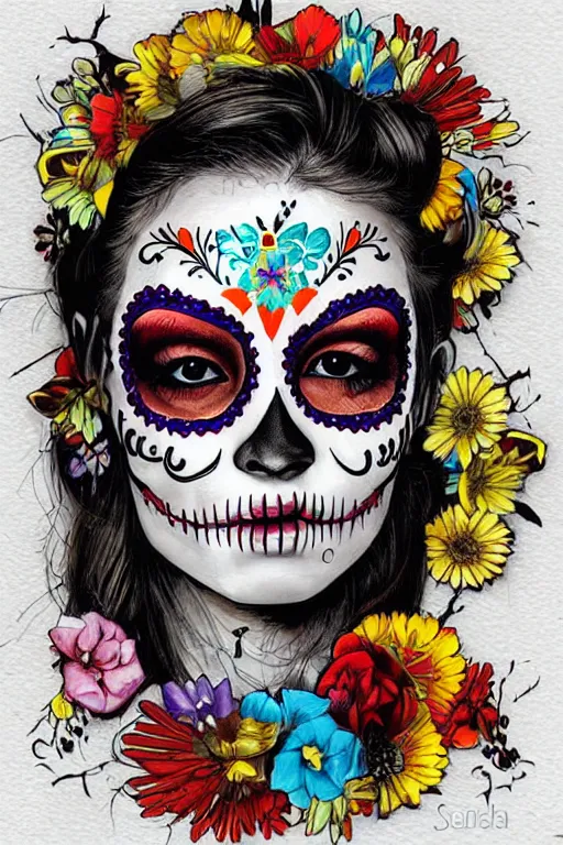 Image similar to Illustration of a sugar skull day of the dead girl, art by Sandra Chevrier