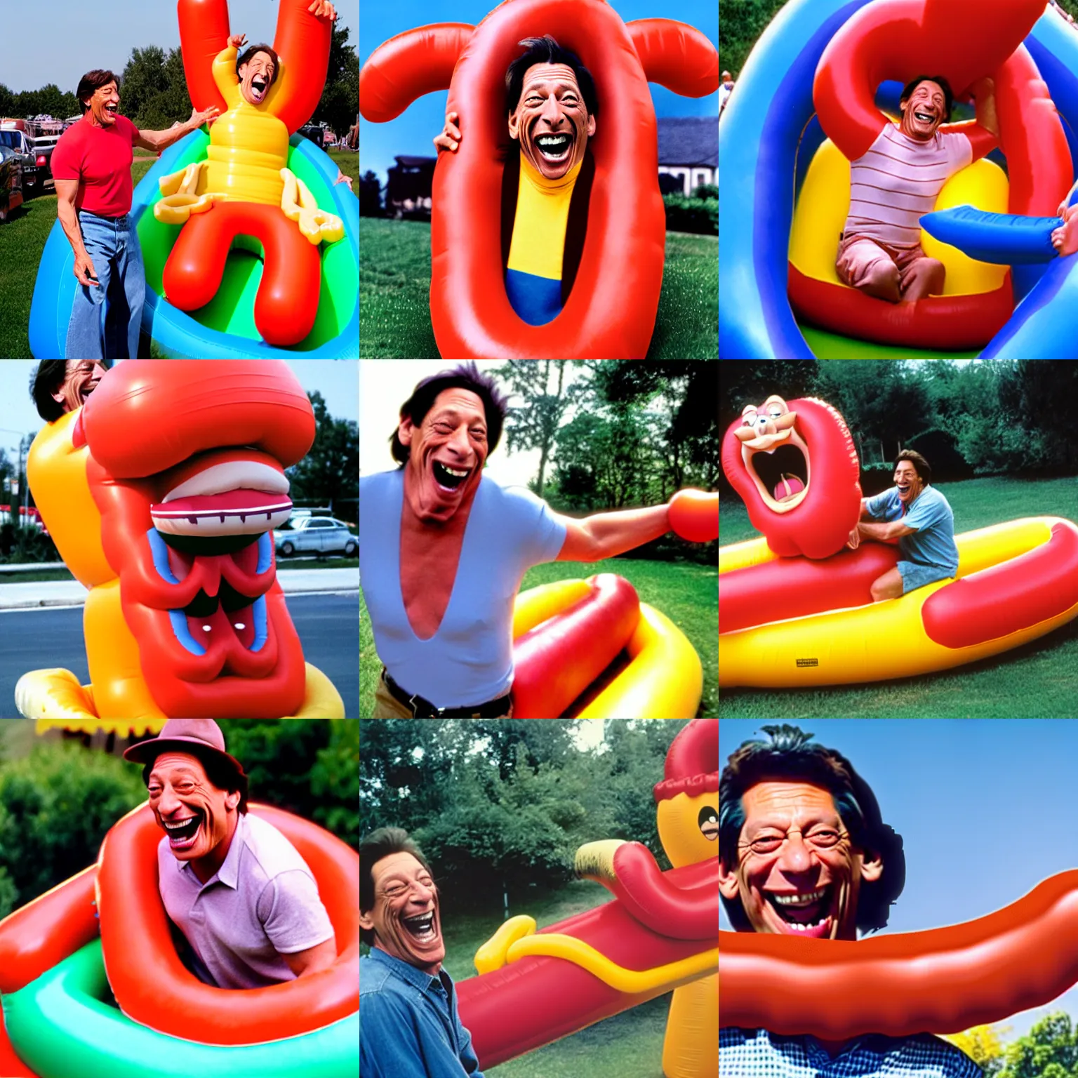 Prompt: jim varney laughing while he rides a large, inflatable hotdog.