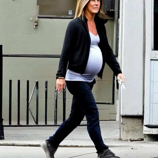 Image similar to Pregnant Jennifer Aniston walking down the street, paparazzi photograph