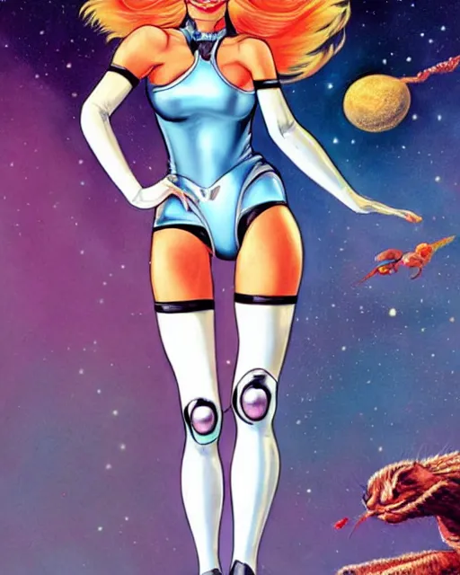 Image similar to barbarella as a robotic 8 0 s cat - girl, female, in the style of don bluth, j. scott campbell, hajime sorayama full color digital painting, leotard and leg warmers, many small details, artstation trending, artgerm, deviantart featured