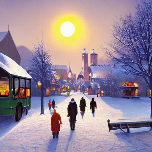 Image similar to winter town centre inspired by Evgeny Lushpin, Peter Zumthor,bus,people walking winter sunset,full moon,p