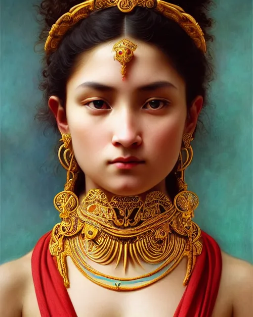 Image similar to photo of a gorgeous young tribal woman wearing elaborate baroque jewelry and rococo ornaments in the style of stefan kostic, realistic, sharp focus, symmetric, 8k high definition, insanely detailed, intricate, elegant, art by stanley lau and artgerm, William-Adolphe Bouguereau