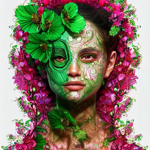 Image similar to the portrait of an absurdly beautiful, graceful, elegant, young mexican girl made of strawberries and green petals, an ultrafine hyperdetailed illustration by kim jung gi, irakli nadar, intricate linework, bright colors, octopath traveler, final fantasy, angular, unreal engine 5 highly rendered, global illumination, radiant light, detailed and intricate environment