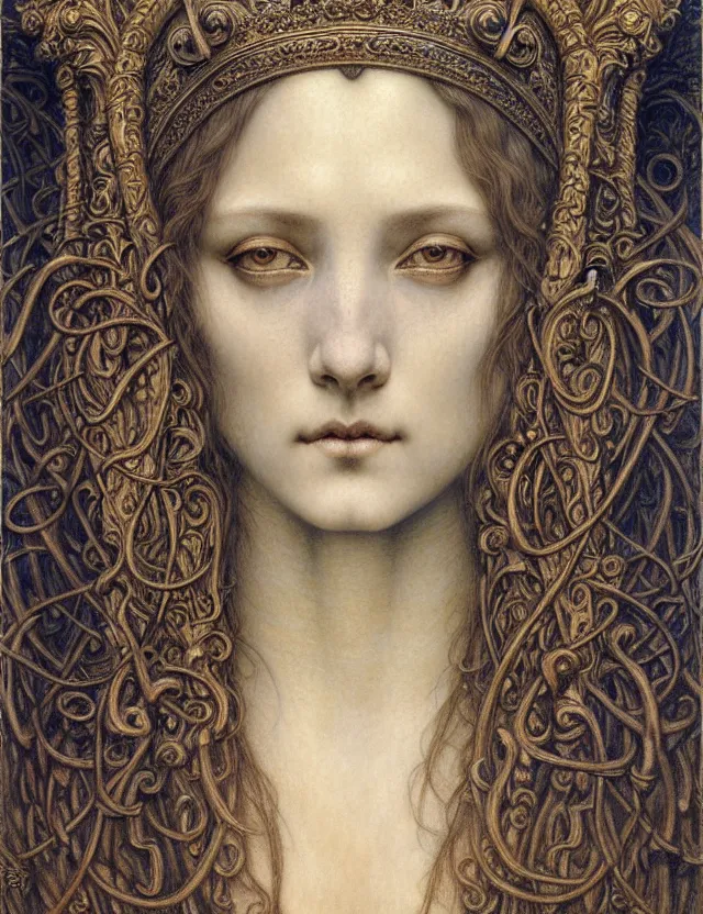 Image similar to detailed realistic beautiful young medieval queen face portrait by jean delville, gustave dore and marco mazzoni, art nouveau, symbolist, visionary, gothic, pre - raphaelite. horizontal symmetry