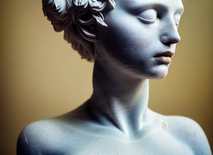 Prompt: cinestill 5 0 d photo portrait of a beautiful hybrid woman - statue in style of tim walker by roberto ferri, body skin weird marble, hair is intricate tulle, 5 0 mm lens, f 1. 2, sharp focus, ethereal, emotionally evoking, head in focus, bokeh volumetric lighting, tonal colors outdoor