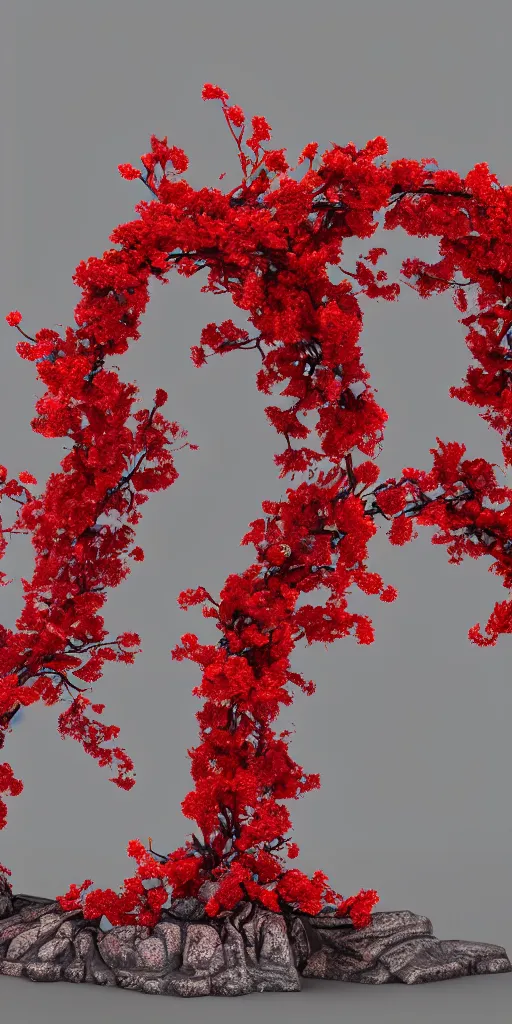 Prompt: 3 d photographic render of an ancient gate sculpture with red sakura flowers made of chrome, chrometype, made of liquid metal, neotribal with metallic thorns and thunders, raytracing, hyper realistic, volumetric lightning, 8 k, by zhelong xu and ouchh studio