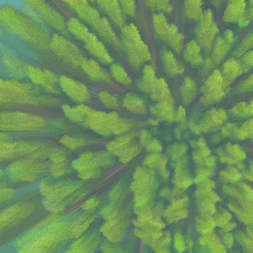 Prompt: a top down view of a digital painting of a thick pine tree forest