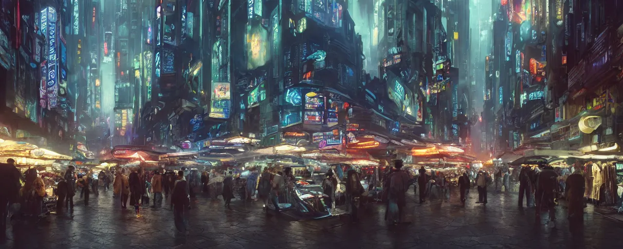 Image similar to street level view of a futuristic bladerunner market and trading post at the center of a large advanced metropolis busy with activity lots of market signs aliens and people with a floating cars on the streets by craig mullins, neil blevins, dylan cole, james paick, hyper realistic, night, environment fog, cinematic lighting, 8 k, vray render, artstation, deviantart,